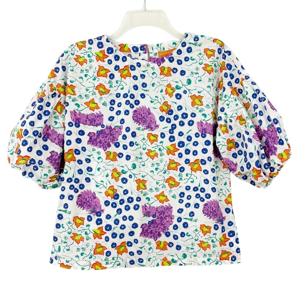 Oliphant Multicolor Floral Balloon Sleeve Blouse Size XS Cotton Scoop Neck
